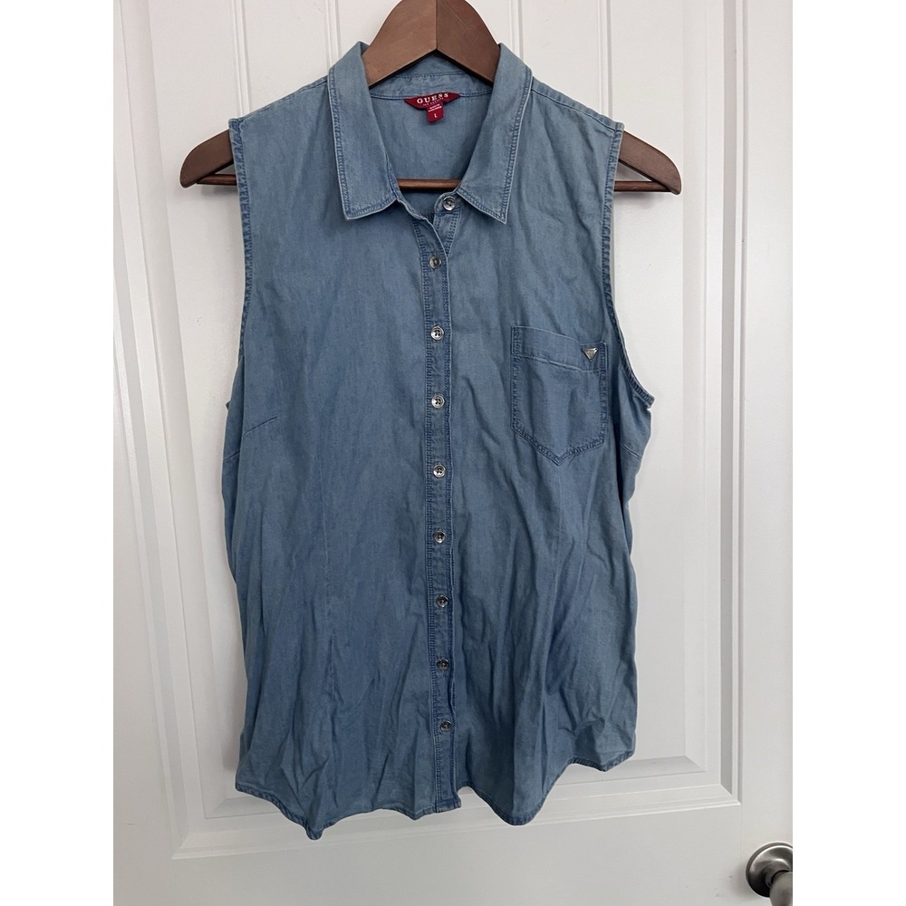 Guess Sleeveless Chambray Blue Denim Button Down Women's Large 385